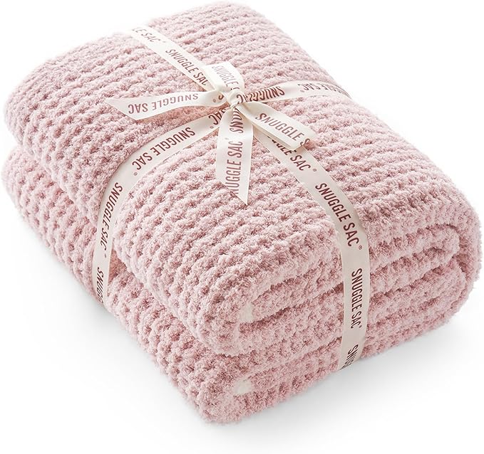 Snuggle Sac Pink Waffle Throw Blanket for Couch Bed Sofa 60x80 inches, Reversible Pink Blanket Microfiber Fluffy Fuzzy Cozy Knit Twin Blanket for Women Mothers Birthday Gifts