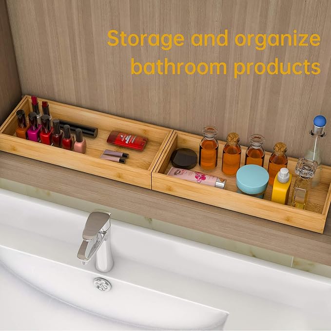 Drawer Organizer Storage Box Kitchen - Wood Stackable Tray Utensil Organizer for Office Drawers,Cabinets,Shelves,Pantry,or Bathroom Counter,Drawer Dividers for Silverware Set of 2(15x6x2.5inch)