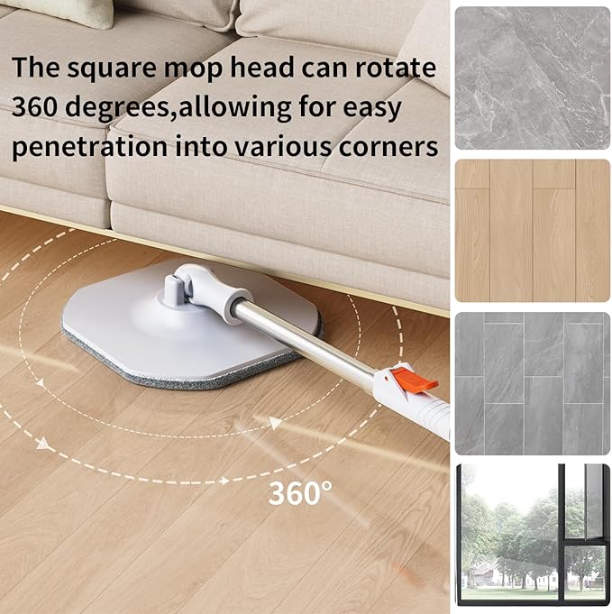 Spin Mop and Bucket Set with Separate Dirty and Clean Water,360° Spin Mop and Bucket System with Widening Foldable Handle,6 Replaceable Mop Pads,Square Mop for Floor Hardwood Wall Cleaning(White)