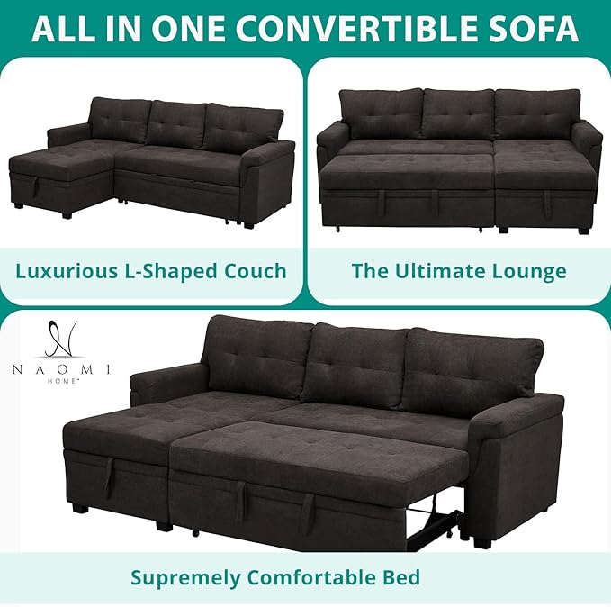 Naomi Home Transform Any Space: Sleeper Sectional Sofa with Convertible Sofa Bed & Inviting Chaise. Find Tranquil Comfort with Stress-Relieving Design & Durable Cushions - Espresso/Velvet