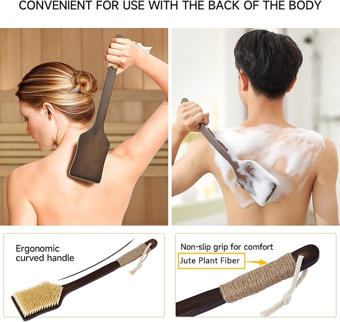 Back Scrubber Shower Brush,Dry Brushing Body Brush with 17.7 Inch Curved Long Handle, Natural Bristles for Lymphatic Drainage, Soft & Stiff Bristles Available (Stiff-Thick Boar Bristles)