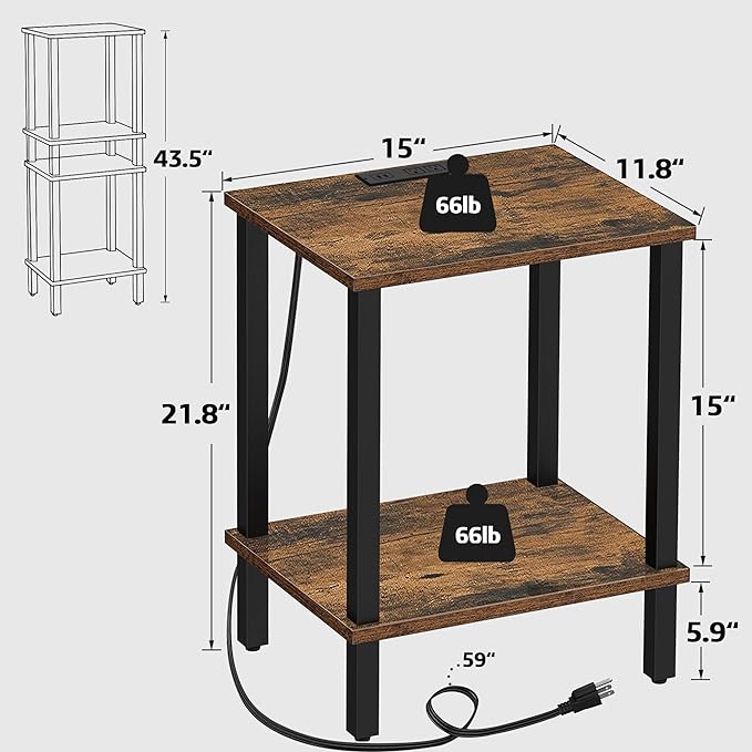 TUTOTAK End Table with Charging Station, Side Table with USB Ports and Outlets, Nightstand, 2-Tier Storage Shelf, Sofa Table for Small Space, 1 Package(2PCS) TB01BB041