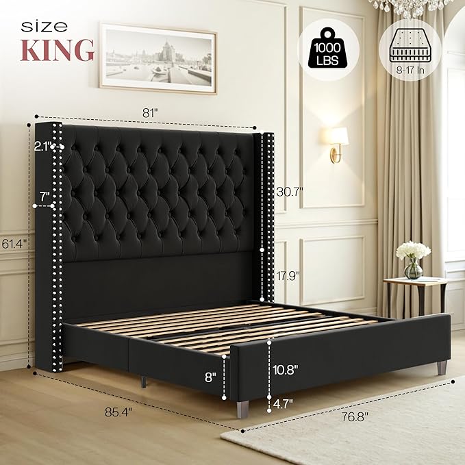 PaPaJet King Size Bed Frame with 61.4" Tall Headboard, Velvet Modern Upholstered Tufted Bed for Adults, Handmade Deep Button Tufting, Solid Wood Legs, No Box Spring Required, Black