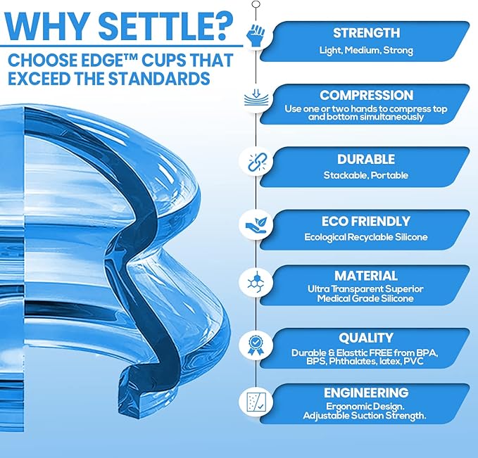 Lure Essentials Edge Silicone Cupping Set, Cupping Kit for Massage Therapy, Long Lasting Cups for Professional & Home Use, Body Sculpt Cup for Cellulite, Ultra Transparent Blue (8 Count)