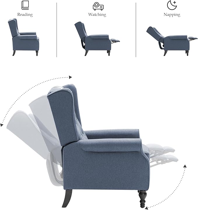 Mid Century Wingback Recliner Chair for Adults, Modern Linen Fabric Push Back Recliner Chairs with Button Tufted Upholstered Back & Footrest, Manual Recliner Chais for Living Room, Nursery, Blue