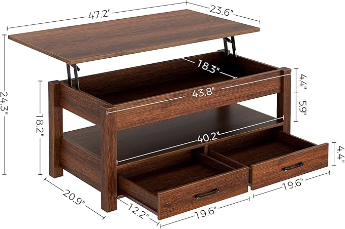 Rolanstar Coffee Table, 47.2" Lift Top Coffee Table with Drawers and Hidden Compartment, Retro Central Table with Wooden Lift Tabletop, for Living Room,Espresso