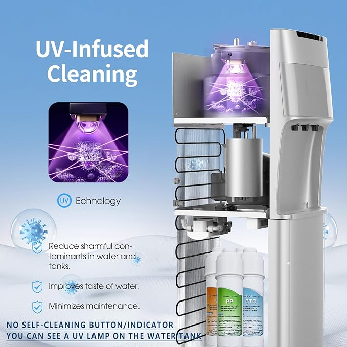 Self Cleaning Bottleless Water Cooler Dispenser with 4 Stage Water Filter 3 Temperature Settings Silver
