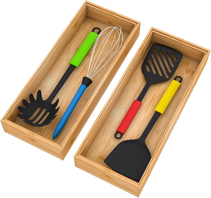 Drawer Organizer Storage Box Kitchen - Wood Stackable Tray Utensil Organizer for Office Drawers,Cabinets,Shelves,Pantry,or Bathroom Counter,Drawer Dividers for Silverware Set of 2(15x6x2.5inch)