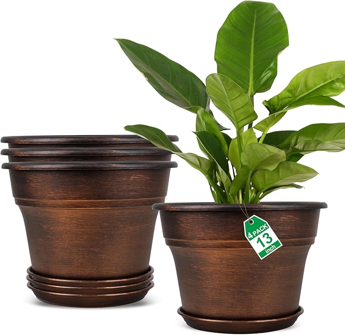 Plant Planters Pots Set of 4 Pack 13 Inch,Large Plastic Flower Pot for Indoor Plants with Drainage Holes & Trays, Resin Decorative Container Sets with Saucer for House Outdoor Garden Plant Copper