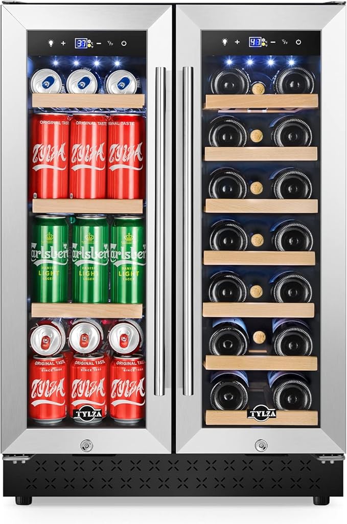 Tylza Upgraded Wine and Beverage Refrigerator 24 Inch, Dual Zone Wine Beverage Cooler with French Door, Under Counter Wine Beer Fridge Built-In or Freestanding, Holds 20 Bottles and 88 Cans, Low Noise