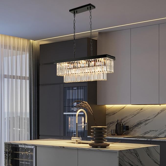 Black Crystal Chandeliers for Dining Room Light Fixtures Over Table,9-Lights Modern Rectangle Chandeliers for Kitchen Island Bar L28 Inch