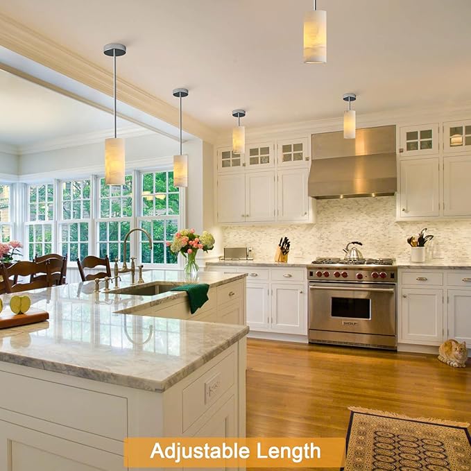 Alabaster Pendant Light Kitchen Island, H-9.5in Nickel Pendant Light Fixtures with Natural Marble Shade, Adjustable Ceiling Pendant for Dining Room, Living Room, Bedroom & Bathroom