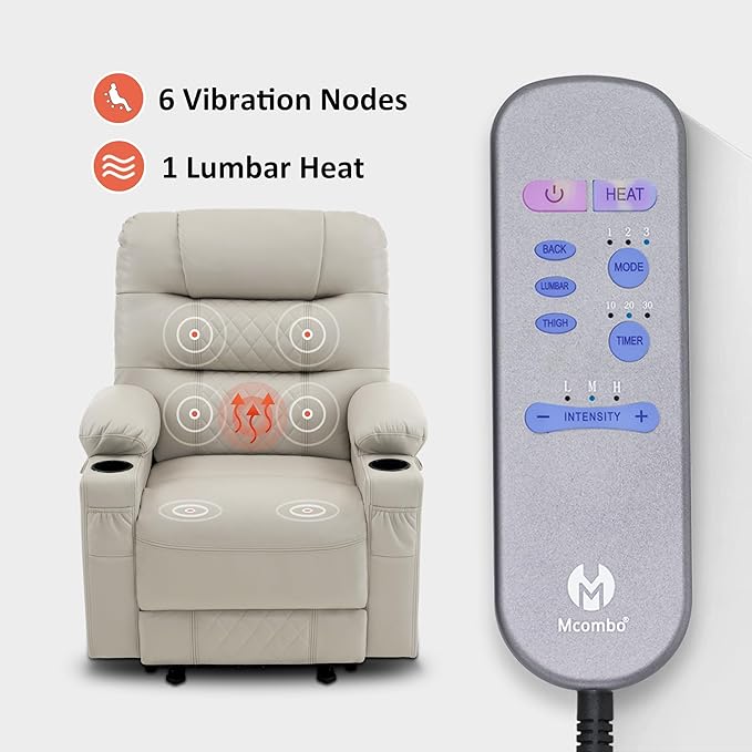MCombo Zero Gravity Power Recliner Chair with Heat and Vibration Massage, Reclining Chair with USB Ports, Cup Holders for Living Room, Faux Leather PR621 (Light Grey)