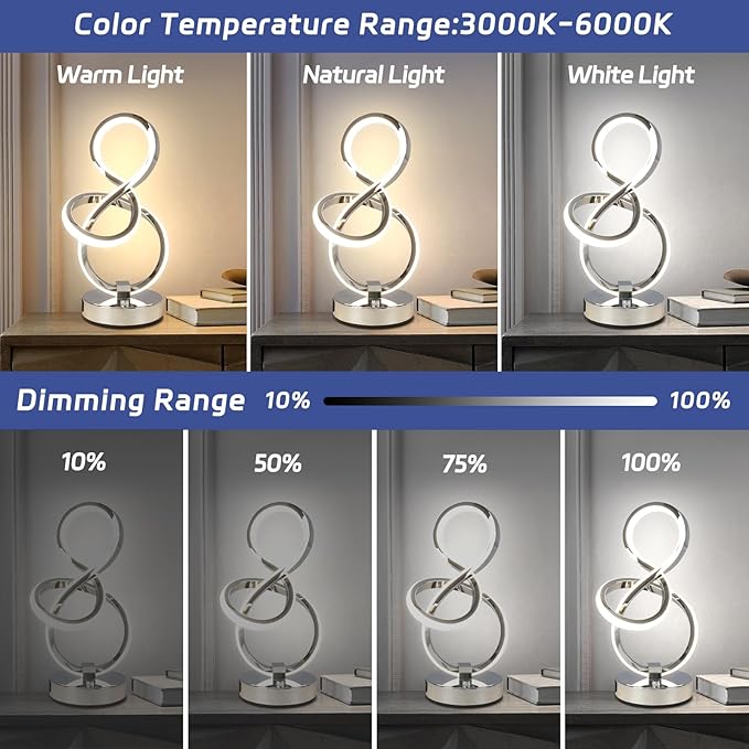 Modern Table Lamp, LED Bedside lamp with USB C+A Ports, Touch Stepless Dimmable Nightstand lamp, Unique Spiral Table lamp for Bedroom Living Room Home Office, LED Spiral lamp, Silver
