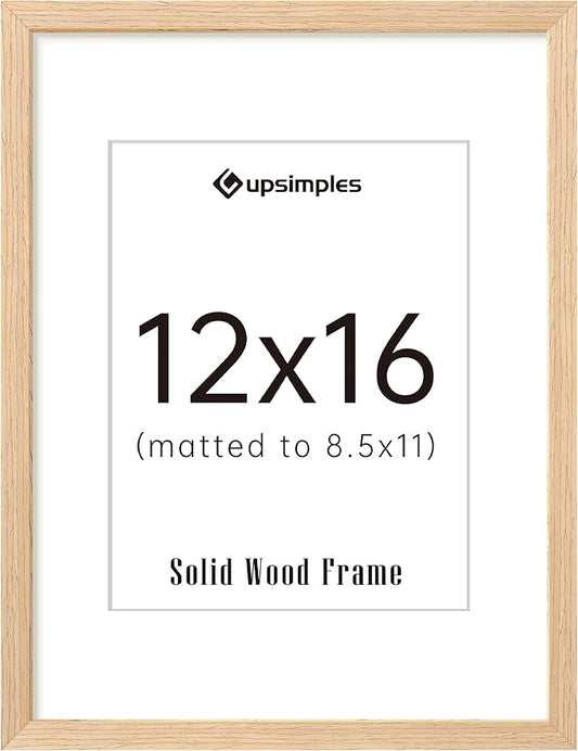 upsimples 12x16 Frame, Natural Solid Wood Picture Frames, Display 8.5x11 with Mat or 12 x 16 Without, Vertical & Horizontal Wall Hanging, 1 Pack, Natural