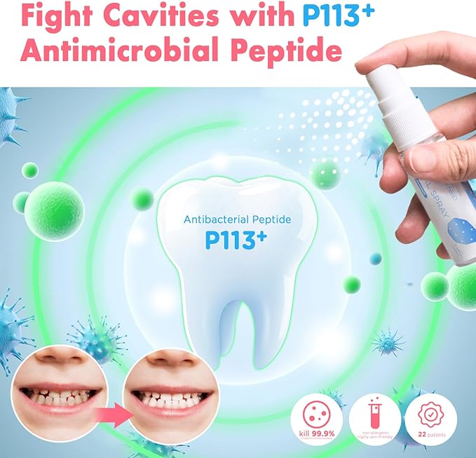 Mouth Spray for Kids, Toddler Toothpaste Helper, Fluoride Free Baby Toothpaste Cavity Protection, Oral Care with Natural P113+ Antibacterial Peptide - for Newborns to Age 6, Strawberry