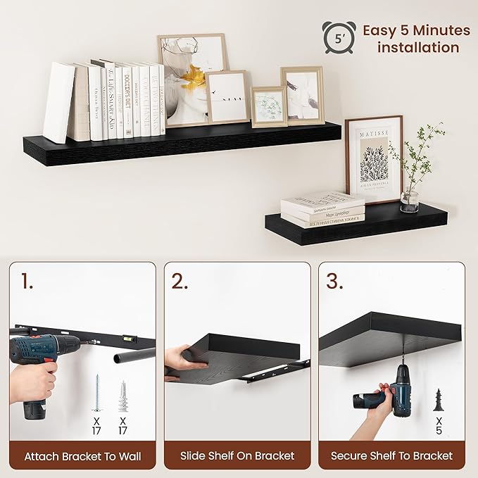 Black Floating Shelves for Wall 36 Inches Long, 12" Deep Wall Shelves 2" Thick, Heavy Duty Shelf for Bedroom, Bathroom, Living Room, Kitchen, Office, Home Decor, Modern Shelf Set of 2, 36" X 12" X 2"