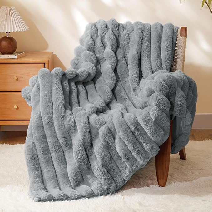 BEDELITE Faux Fur Throw Blanket for Couch, Soft and Cozy Luxurious 3D Striped Fluffy Blanket, 770GSM Thick Warm Plush Fuzzy Faux Rabbit Fur Blanket for Women Gift (Crey, 60"x 80")