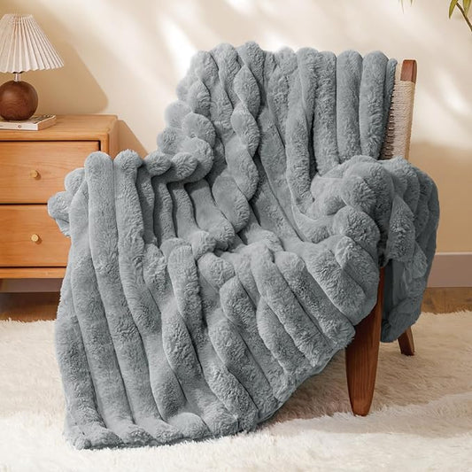 BEDELITE Faux Fur Throw Blanket for Couch, Soft and Cozy Luxurious 3D Striped Fluffy Blanket, 770GSM Thick Warm Plush Fuzzy Faux Rabbit Fur Blanket for Women Gift (Crey, 60"x 80")