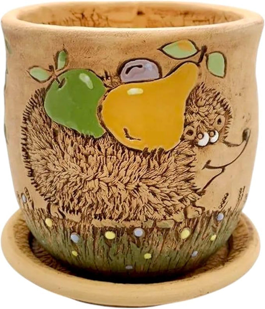 Ceramic Pot with Drainage Hole and Saucer, Plant Pots, Modern Decorative Planters for House Plants Indoor Flowers Plants, Cute Flower Pot - Gifts (Hedgehog (0.7 L))