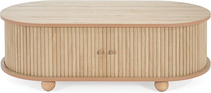 Oval Coffee Table with Storage for Living Room, Retro Charm Wooden Fluted Center Table, 47.24" Modern Classic Accordion Door Coffee Tables Dual Level Storage Side Table for Home,Office-Natural