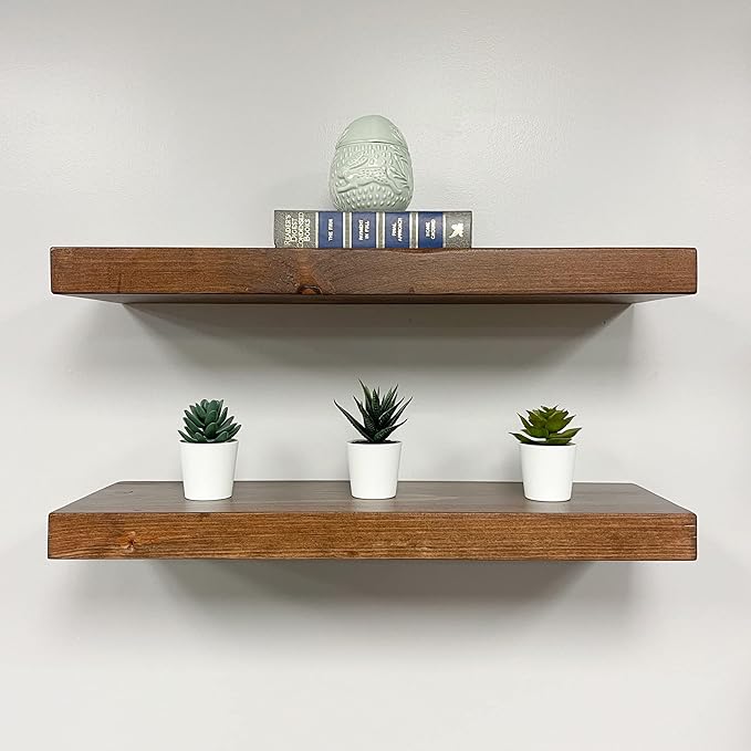 URBANDI, Rustic Floating Shelves, Set of 2, Hidden Bracket, Solid Wood, Heavy Duty, Wall Mounted Shelves, (Provincial, 24Wx12D)