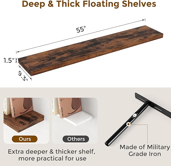 55 Inch Floating Shelves Set of 2, Rustic 55 x 9 Floating Shelf for Wall, 9 Inch Deep Wall Shelves Invisible Bracket, Large Deep Shelving for Bedroom, Kicten, Living Room, Rustic Brown Color