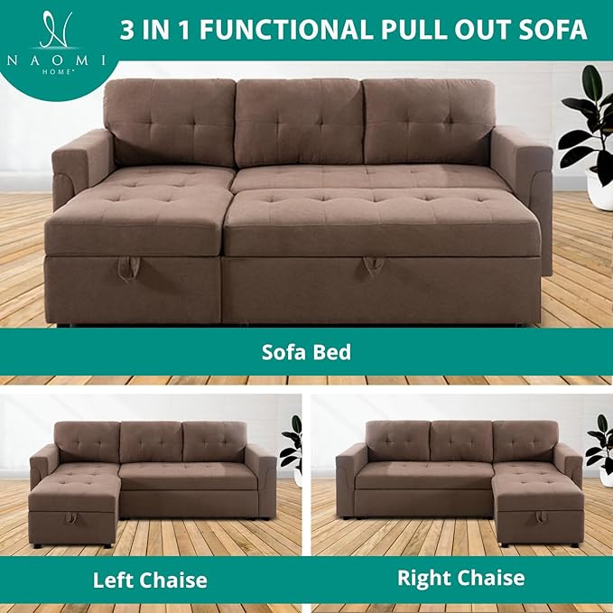 Naomi Home Transform Any Space: Sleeper Sectional Sofa with Convertible Sofa Bed & Inviting Chaise. Find Tranquil Comfort with Stress-Relieving Design & Durable Cushions - Mocha/Velvet
