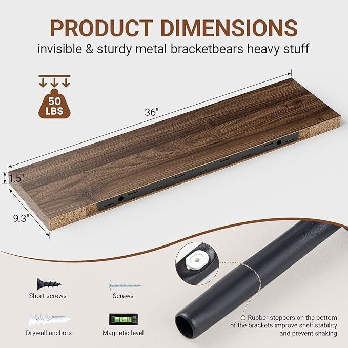 Heimlove Floating Shelves for Wall 36 Inches Long,9.3" Deep Walnut Floating Shelf Set of 2,Wall Mounted Shelves for Bathroom Bedroom Living Room Kitchen Office,Shelf for Books Storage,Home Decor