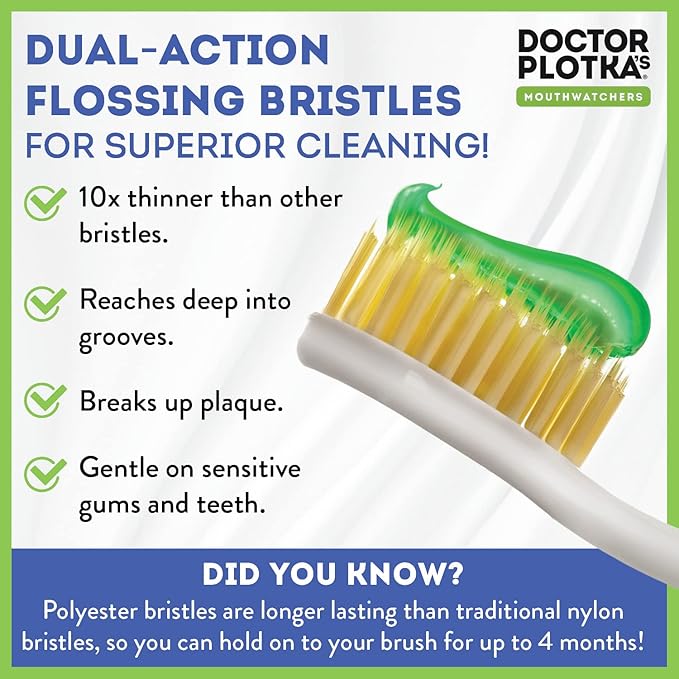 MOUTHWATCHERS Soft Flossing Manual Toothbrush for Adults, 2 Pack, Green, Ultra Clean, Good for Sensitive Teeth and Gums, by Dr. Plotka's