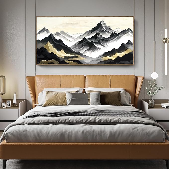 amatop Framed Extra Large Wall Art for Office Abstract Mountain Motivational Canvas Print Black and White Landscape Picture Zen Nature Giant Artwork for Contemporary Living Room Bedroom Decor 58x29 Inch