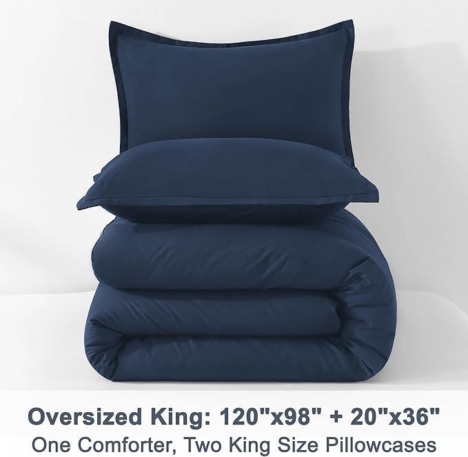 Litanika Navy Blue Comforters Oversized King Size, 3 Pieces Lightweight Solid Bedding Comforter Set, All Season Fluffy Bed Set (120x98In Comforter & 2 Pillowcases)