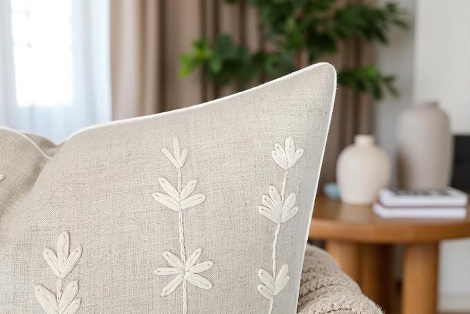 VAGMINE Hand Embroidered Daisy Accent Throw Pillow Cover - 20x20 Inches Square - 100% Linen Natural Decorative Cushion Cover for Couch, Sofa, Bed - Textured Embroidery - Boho Floral Home Décor