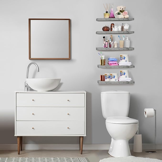 Sorbus Floating Shelves for Wall, Bathroom Shelves Wall Mounted for Kitchen, Bedroom, Living Room, Bathroom Storage, Over Toilet, Hanging Book Shelf for Wall Home Decor (Gray, 5 Pack)