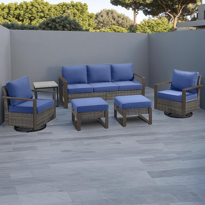 Outdoor Wicker Patio Furniture Set - 6 Piece Patio Conversation Set with 2 Wicker Swivel Rocker Chairs,2 Rattan Ottoman,1 Side Table and 1 Couch,Thick Cushions,Deep Seating(Mixed Grey/Blue)