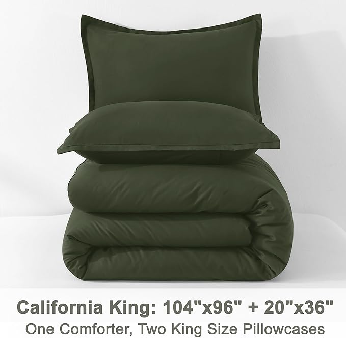 Litanika Dark Olive Green California King Comforter Set - 3 Pieces Cal King Lightweight Summer Soft Solid Bed Comforter, Oversized Fluffy Down Alternative Bedding Set (104x96In, 2 Pillowcases)