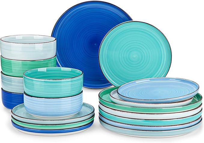Vancasso Bonita Dinnerware Set - 18 Piece Blue Stoneware Dishes for 6, Plates and Bowls, Dishwasher and Microwave Safe