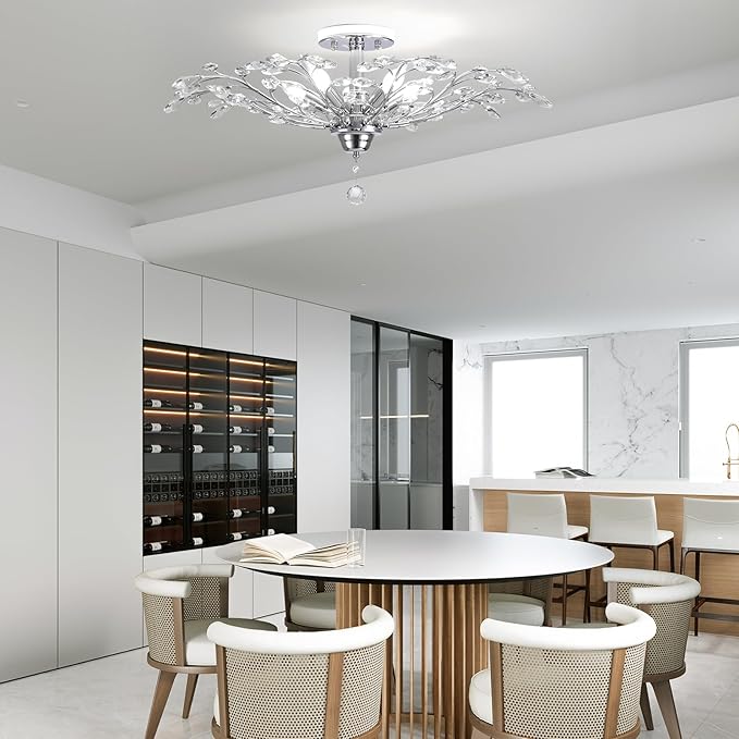 Ganeed Frozen Crystal Branch Close to Ceiling Light Chrome Silvery Vintage Chandelier with 5-Light Heads, Modern K9 Crystal Chandelier for Dining Room Living Room Bedroom Kitchen Over Table