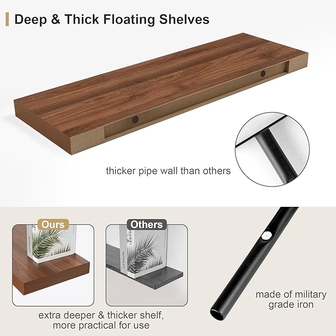 12" Deep Walnut Floating Shelves,Over Toilet Long Wall Mounted Modern Farmhouse 36 inches,Wall Shelves with Invisible Brackets for Bedroom, Bathroom, Living Room, Kitchen, Set of 1