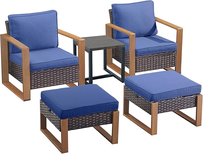 Outdoor Wicker Patio Furniture Set - 5 Piece Patio Conversation Set with 2 Wicker Armrest Chairs,2 Rattan Ottoman, 1 Side Table, Sturdy Frame, Thick Cushions, Deep Seating(Brown/Blue)