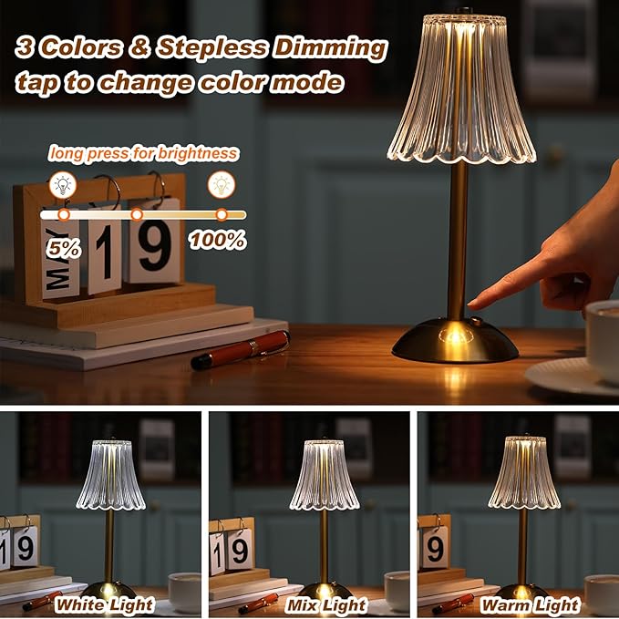 Liliful 2 Pcs LED Portable Cordless Table Lamp Touch Battery Operated Rechargeable Desk Lamp 3 Color Dimmable for Bedroom Living Room Dining (Rose Style,Gold)