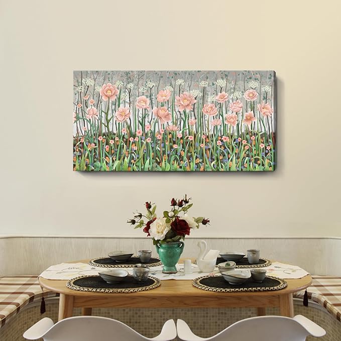 amatop Large Floral Wall Art Modern Abstract Flower Field Canvas Picture Botanical Artwork Rustic Wall Decor for Living Room Bedroom Pink Green Blooming Wildflower Forest Nature Art Print 48x24in