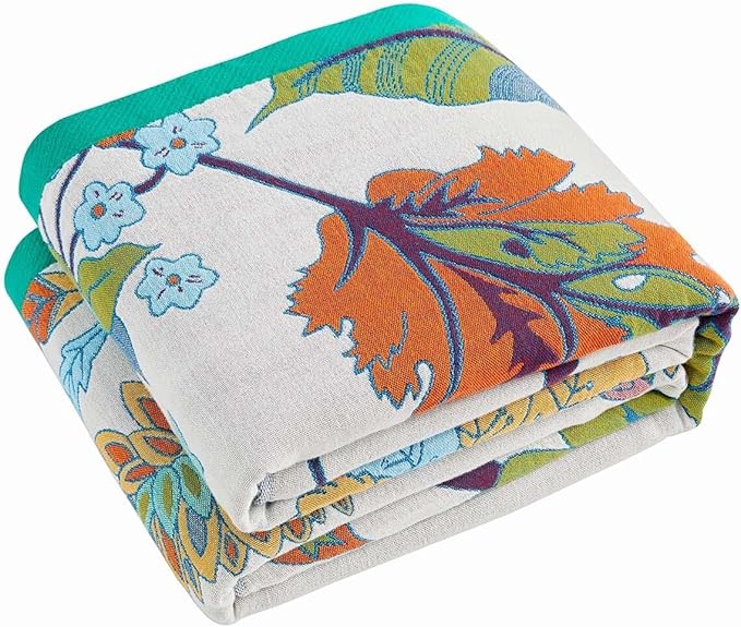 Summer Throw Blanket, 80"x90" Reversible Bohemian Flower Blanket, 100% Cotton Muslin Breathable Woven, Farmhouse Decorative Throw Blanket