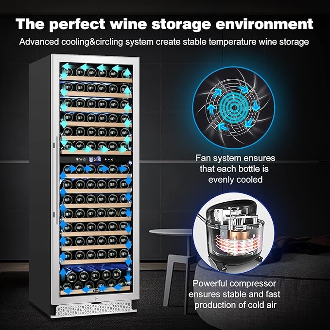 Tylza 24 Inch Wine Fridge Dual Zone, 180 Bottle Wine Cooler Refrigerator With Stainless Steel and Professional Compressor, Fast Cooling Low Noise and No Fog Built-in or Freestanding