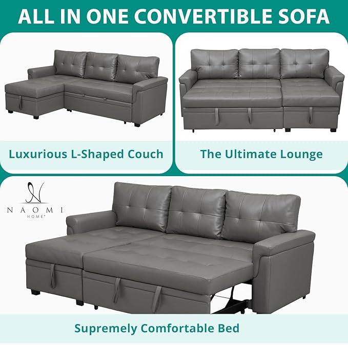 Naomi Home Modern Sectional Sofa with Storage Chaise Gray/Air Leather