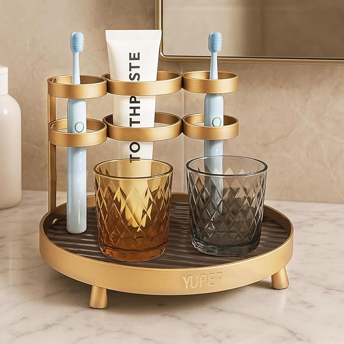 YUPER Bathroom Counter Organizer, Round Bathroom Organizers and Storage with Toothbrush Holder, Makeup Storage Vanity Tray Perfume Organizer, Bedroom Corner Counter Storage Sink Shelf Gold
