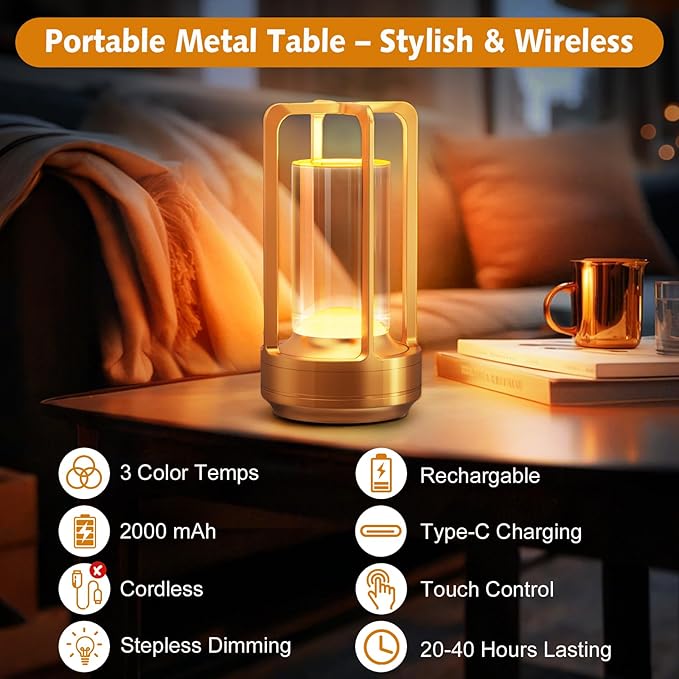 Portable Table Lamp for Outdoor Indoor: Cordless Rechargeable Desk Lamp with 3 Color Stepless Dimmable - Metal Battery Operated Small Lantern Light for Restaurant/Bedroom/Bar/Coffee Shop/Camping