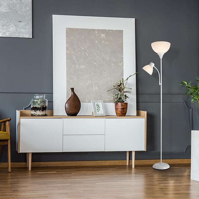 GLOBE Electric 67136 72" Torchiere Floor Lamp with Adjustable Reading Light, Matte White Finish, Frosted Shades, Rotary Switch on Socket, E26 Base