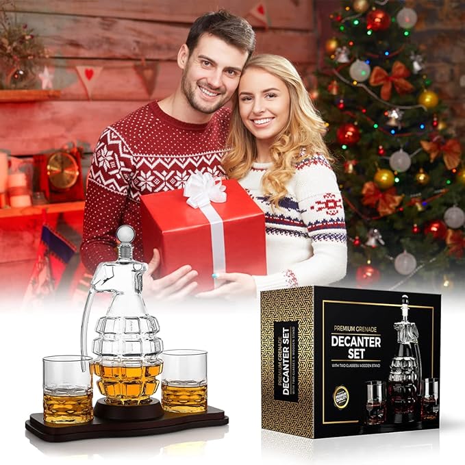 Whiskey Decanter Set Grenade Shaped Liquor Decanter Set with 2 Glasses - Scotch Bourbon Drinking Gift for Men&Women Dad Husband Boyfriend Brother Anniversary Birthday Christmas House Warming Present
