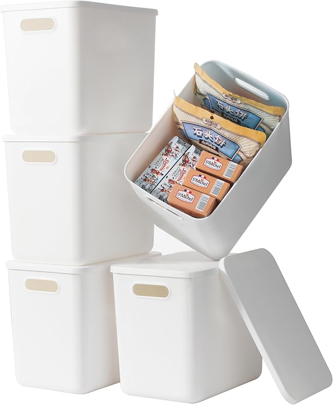 5 pack large plastic White storage bins with Lids, Toy Box Chest with Handle,Organizer Containers Baskets for Baby,Nursery,Shelves,Playroom, Bedroom,Office,Closet,home (White, 5L)